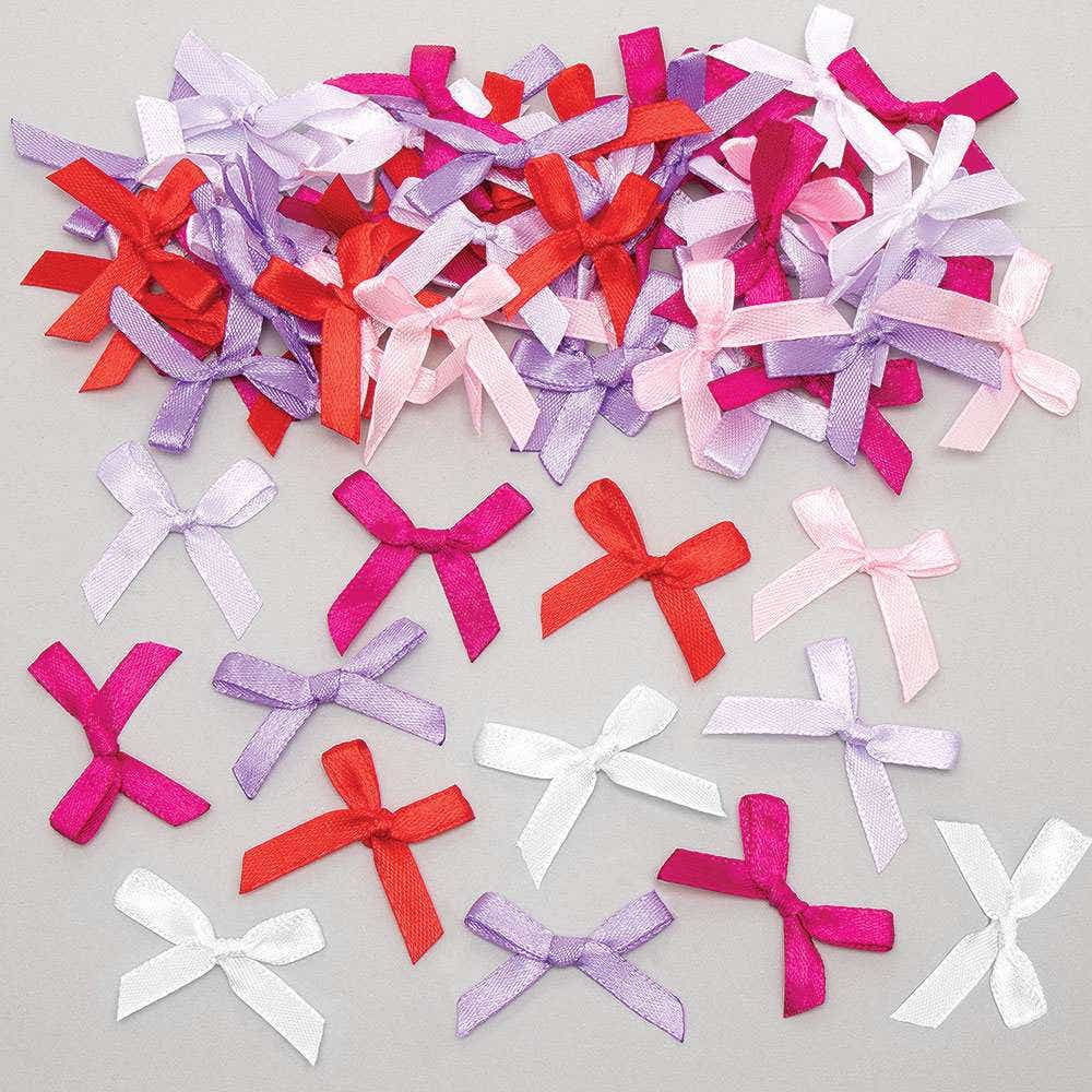 Red, Pinks & Purple Satin Self-Adhesive Bows (Pack of 102) Craft Embellishments 6 assorted colours - Red, Light Pink, Pink, Light Purple, Purple & White