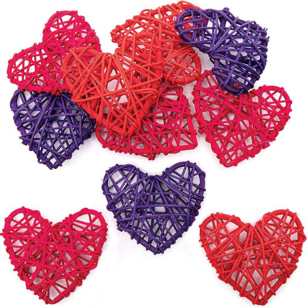 Red, Pink & Purple Rattan Hearts (Pack of 10) Craft Blanks & Bases 3 assorted colours - Red, Pink & Purple