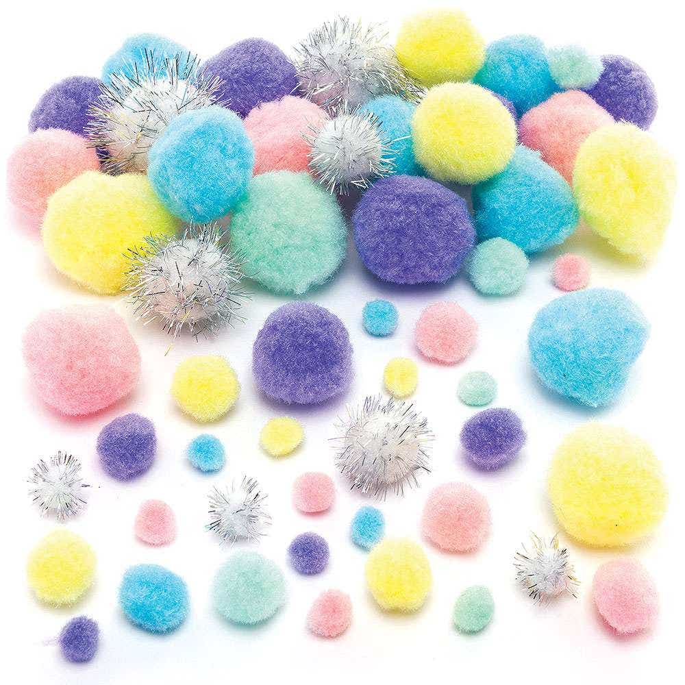 Unicorn Colours Pom Pom Value Pack (Pack of 348) 6 Assorted Colours, 4 Sizes 10mm-40mm, Craft Embellishments