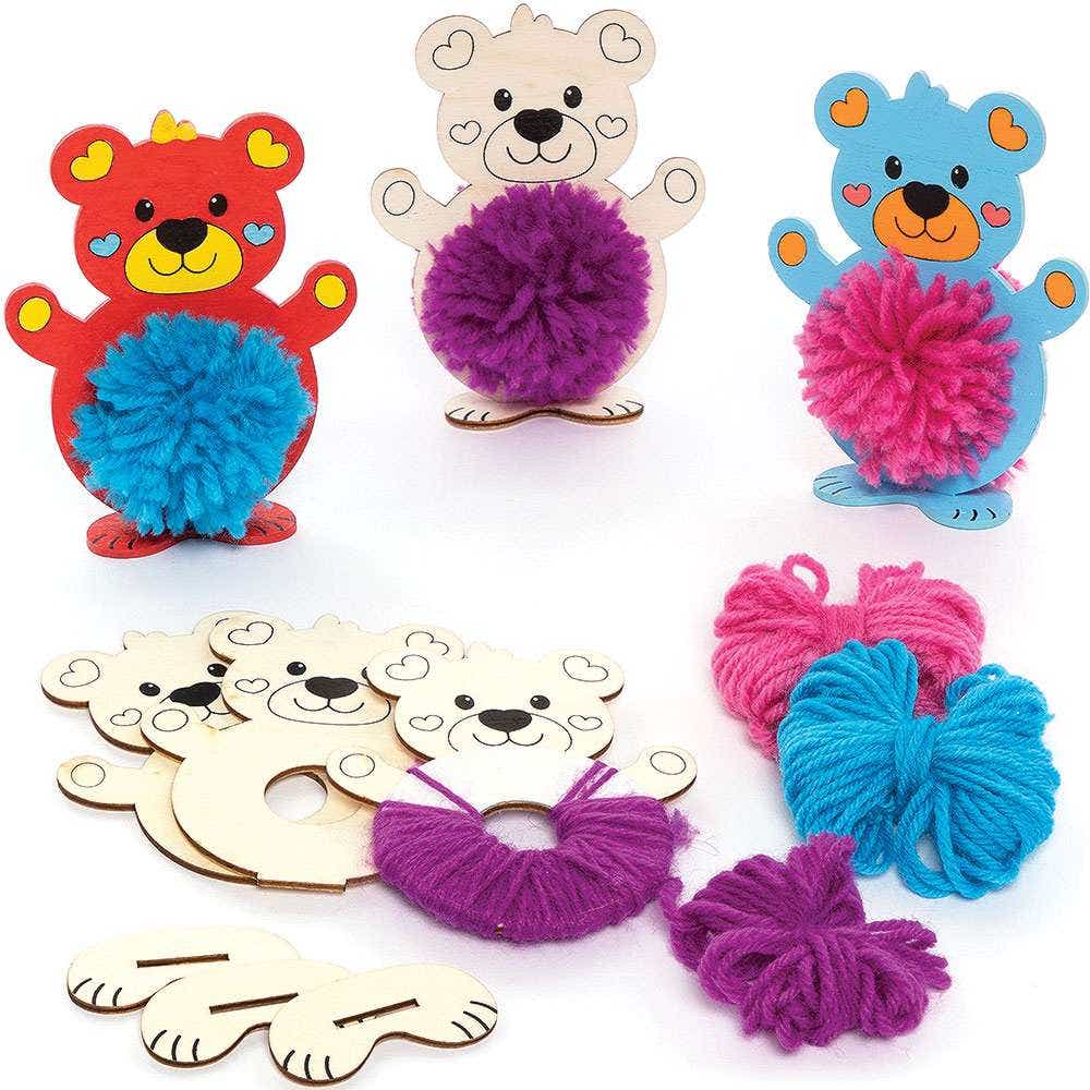 Love Bear Wooden Pom Poms Kits (Pack of 3) Art Craft Kits 3 assorted wool colours - Pink, Blue & Purple