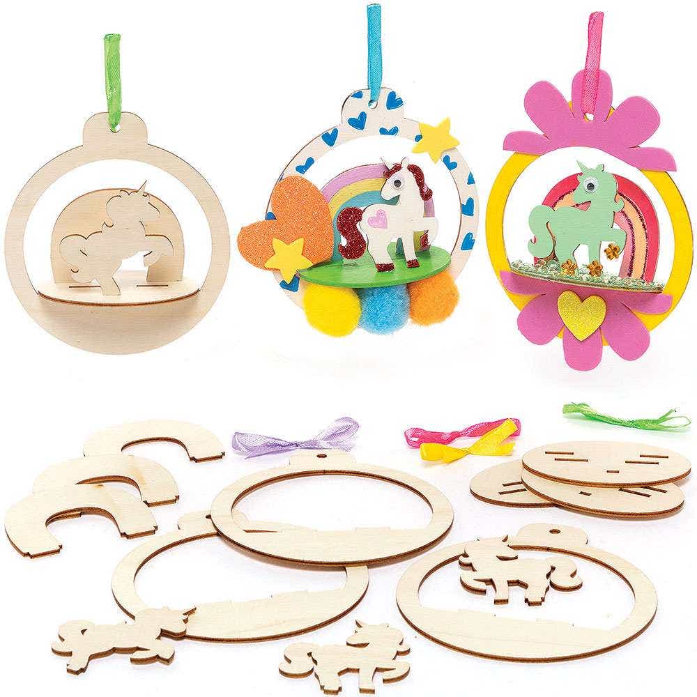 Unicorn Wooden 3D Scene Kits (Pack of 5) Art Craft Kits 5 assorted ribbon colours - Pink, Green, Purple, Blue & Yellow