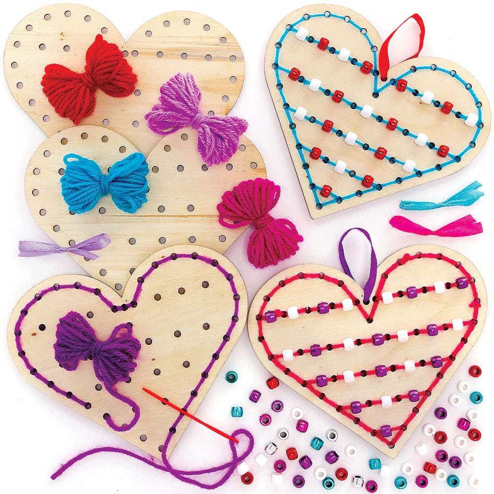 Heart Wooden Bead Decoration Kits (Pack of 5) Decoration Craft Kits 5 assorted wool colours - Pink, Red, Blue, Lavender and Violet