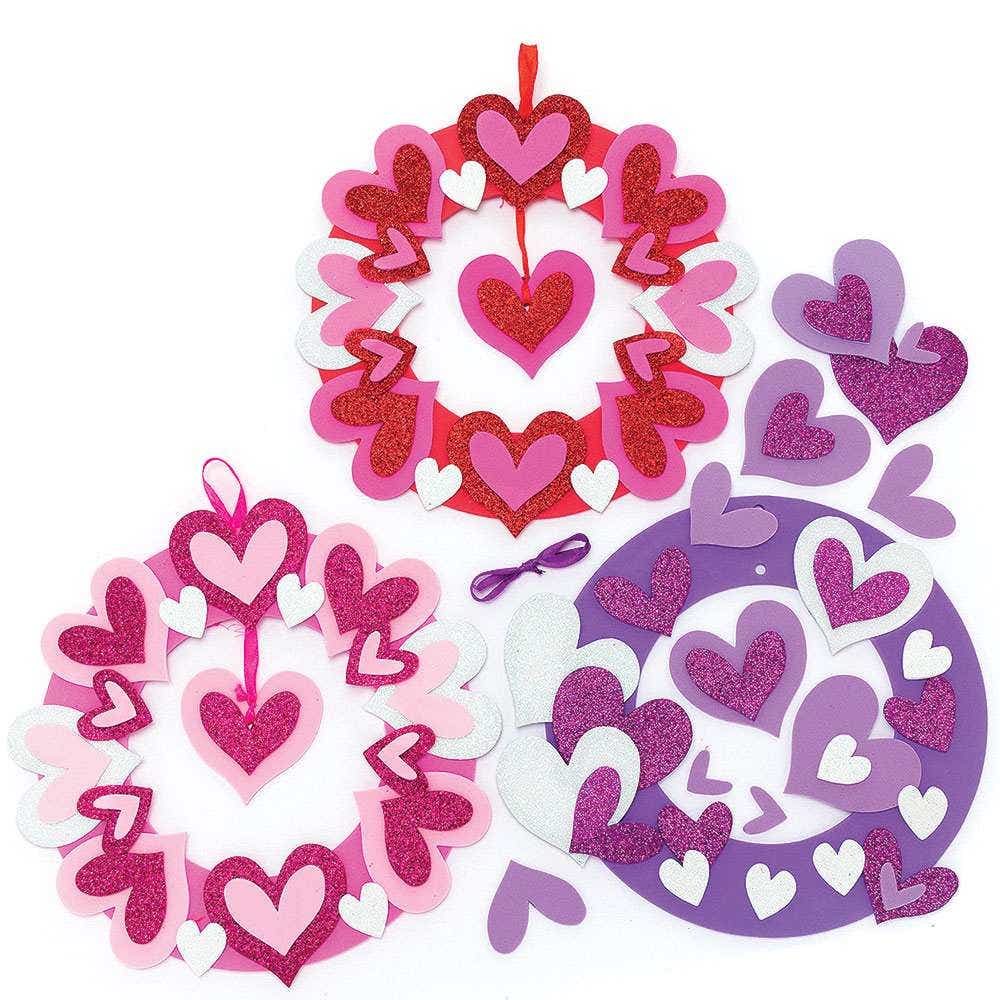 Heart Foam Wreath Kits (Pack of 3) Decoration Craft Kits 3 wreath colours - Pink, Purple & Red