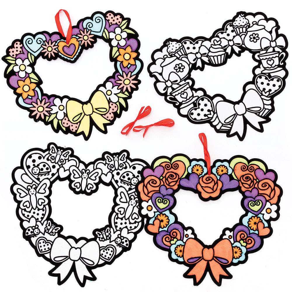 Heart Colour-in Fuzzy Art Wreaths (Pack of 10) Decoration Craft Kits 1 ribbon colour - Red