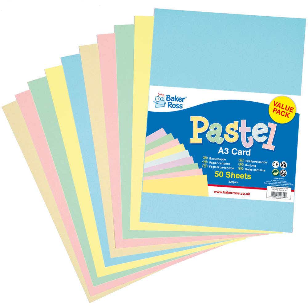 Pastel Colours A3 Card 200gsm (Pack of 50) Paper & Card 5 assorted pastel colours - Blue, Pink, Green, Peppermint & Yellow