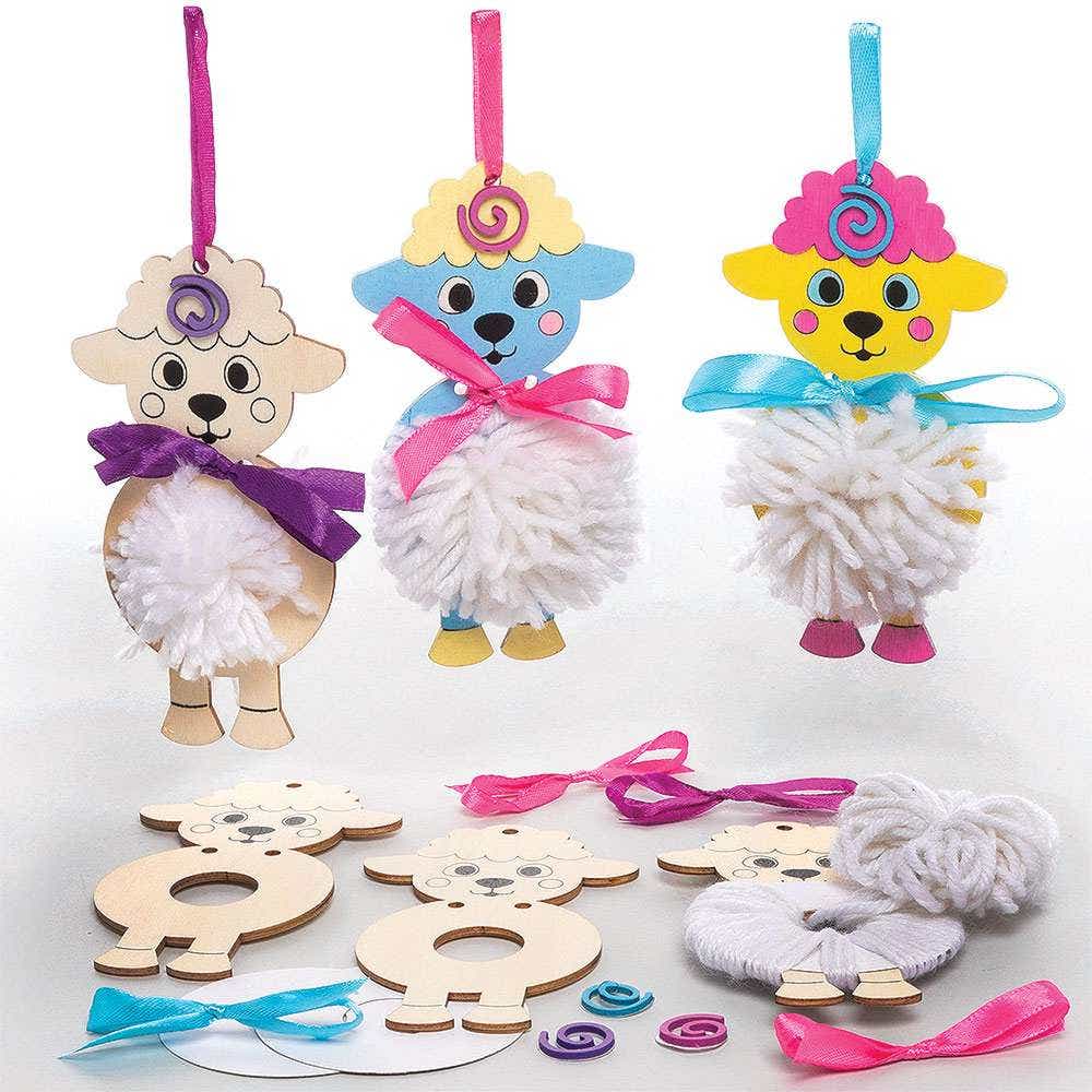 Lamb Wooden Pom Pom Kits (Pack of 3) Easter Crafts For Kids 3 ribbon colours - Blue, Pink & Purple
