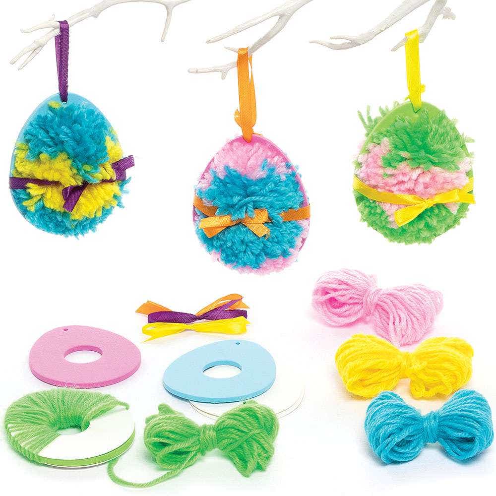 Easter Egg Pom Pom Kits (Pack of 3) 3 Ribbon Colours, Wool Included, Easy To Create