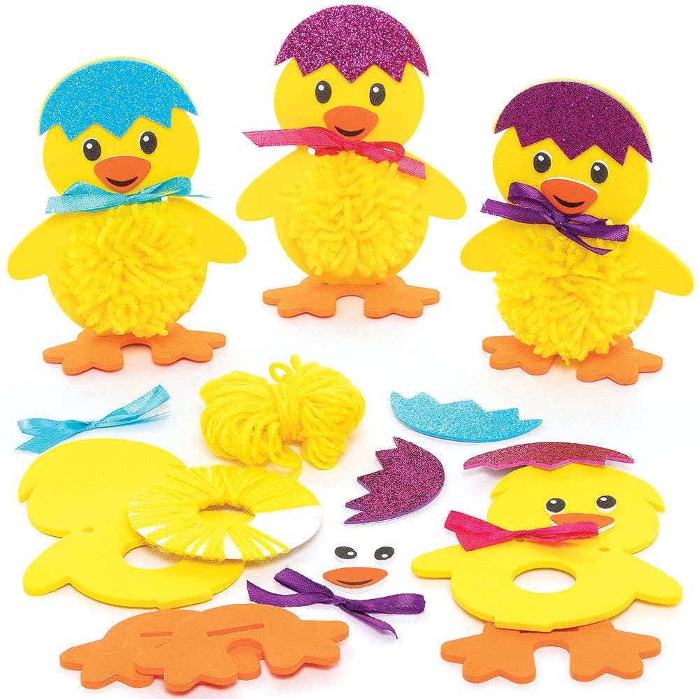 Easter Chick Pom Pom Kits (Pack of 3) Pom Pom Maker Included, 3 Assorted Ribbon Colours & Designs