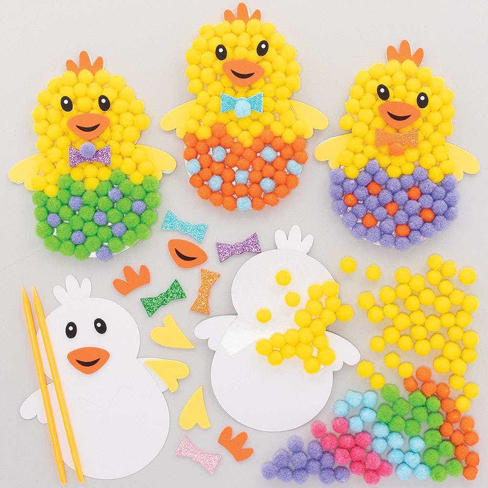 Easter Chick Pom Pom Art Kits (Pack of 5) 6 Pom Pom Colours, 14cm, Self-Adhesive Card Template, Design Your Own