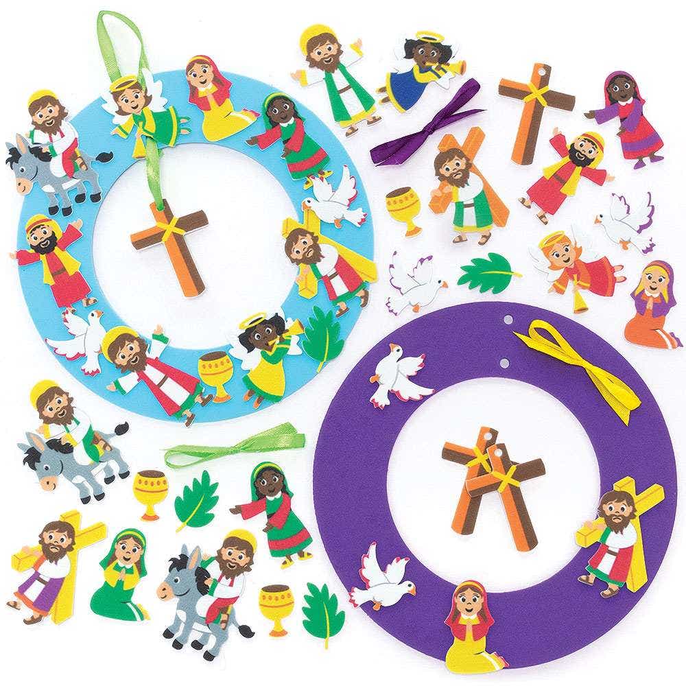 Holy Week Wreath Kits (Pack of 3) Easter Crafts For Kids, 3 Designs, Self-Adhesive Foam Pieces Included