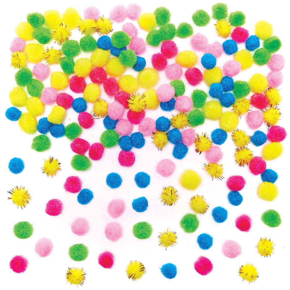 Fairy Colours Self-Adhesive Pom Poms (Pack of 200) Craft Embellishments 6 assorted fairy colours - Blue, Pink, Light Pink, Green, Yellow & Gold Tinsel
