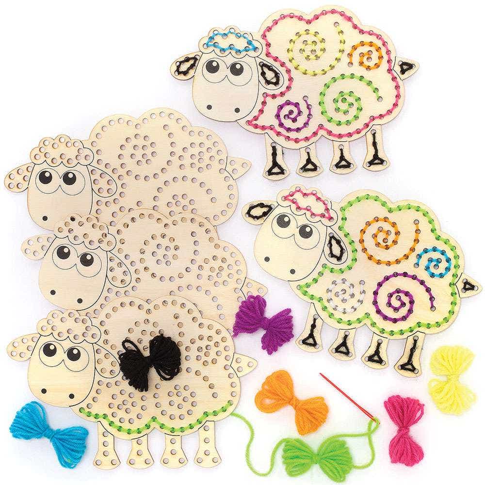 Fluffy Sheep Wooden Threading Kits (Pack of 4) 8 Assorted Wool Colours, 22cm x 15cm, Sewing & Weaving Craft Kits