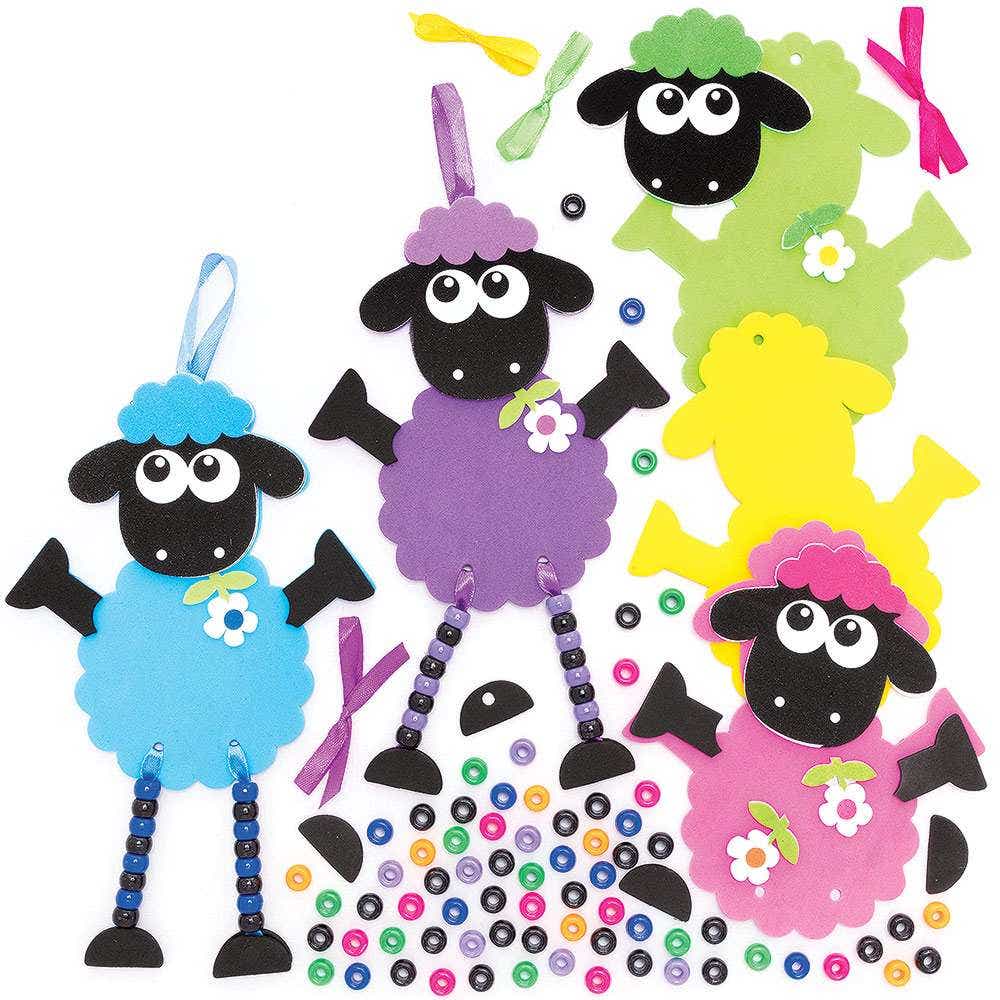 Fluffy Sheep Dangly Legs Kits (Pack of 5) Decoration Craft Kits 5 assorted colours - Green, Blue, Yellow, Purple, & Pink