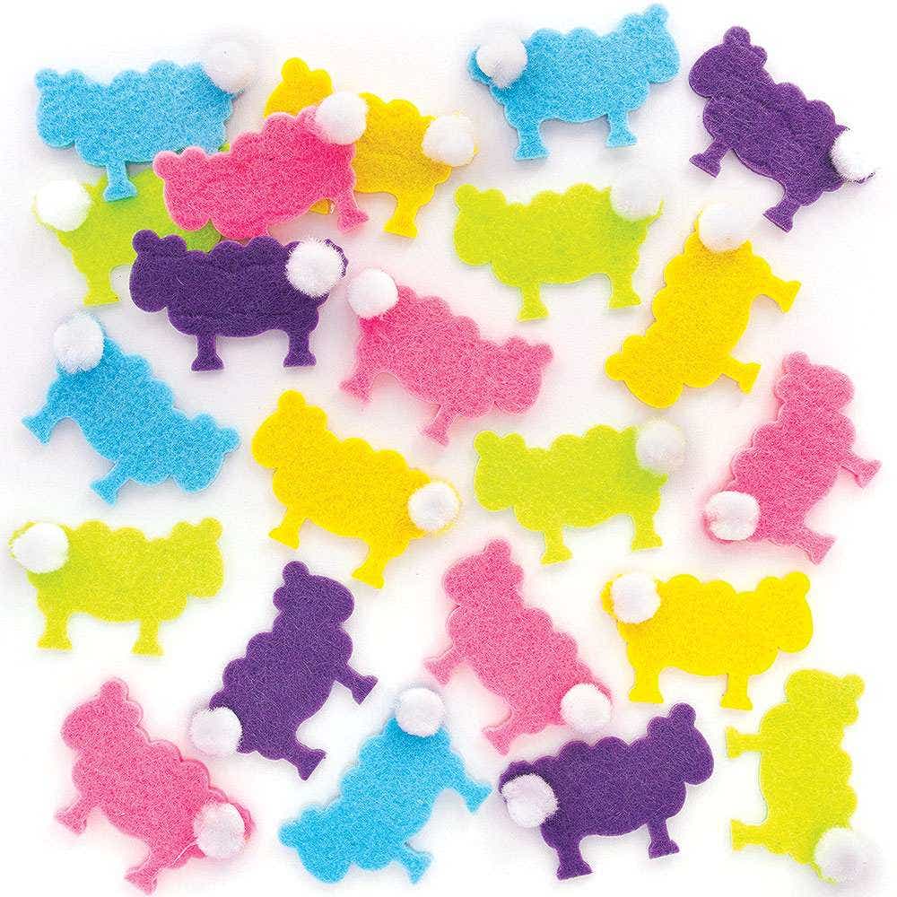 Fluffy Sheep Pom Pom Felt Stickers (Pack of 100) Stickers 5 assorted colours - Purple, Pink, Green, Yellow & Blue