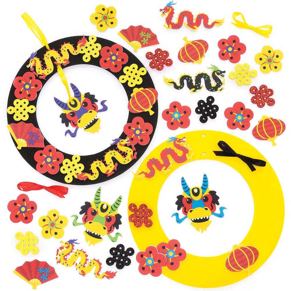 Chinese New Year Wreath Kits (Pack of 3) Decoration Craft Kits 3 wreath colours - Black, Yellow & Red