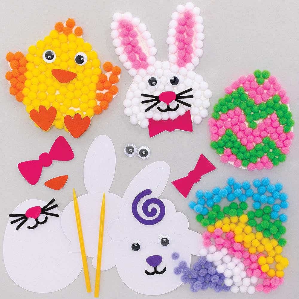 Easter Pom Pom Art Kits (Pack of 5) Foam Stickers & 7 Assorted Pom Pom Colours Included