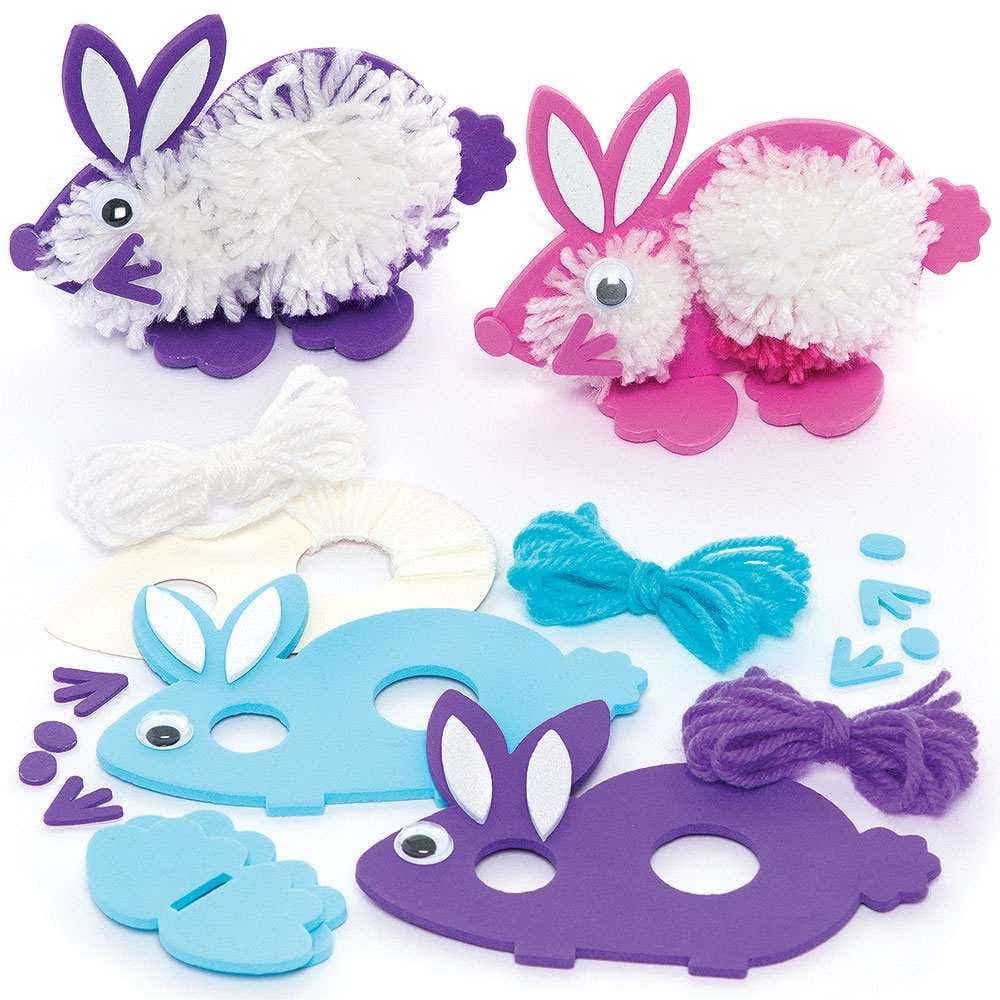 Bunny Pom Pom Making Kits (Pack of 3) Easter Crafts For Kids 3 assorted wool colours - Pink, Blue & Purple