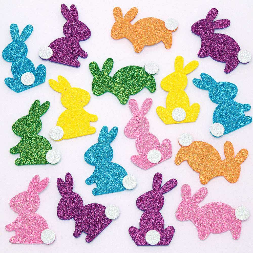 Bunny Glitter Foam Stickers (Pack of 120) Easter Craft Supplies 6 assorted colours - Blue, Yellow, Green, Pink, Purple & Orange