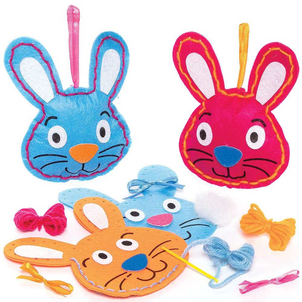 Bunny Sewing Decoration Kits (Pack of 3) Easter Crafts For Kids, 3 Colours - Pink, Orange & Blue, 14cm x 10.5cm