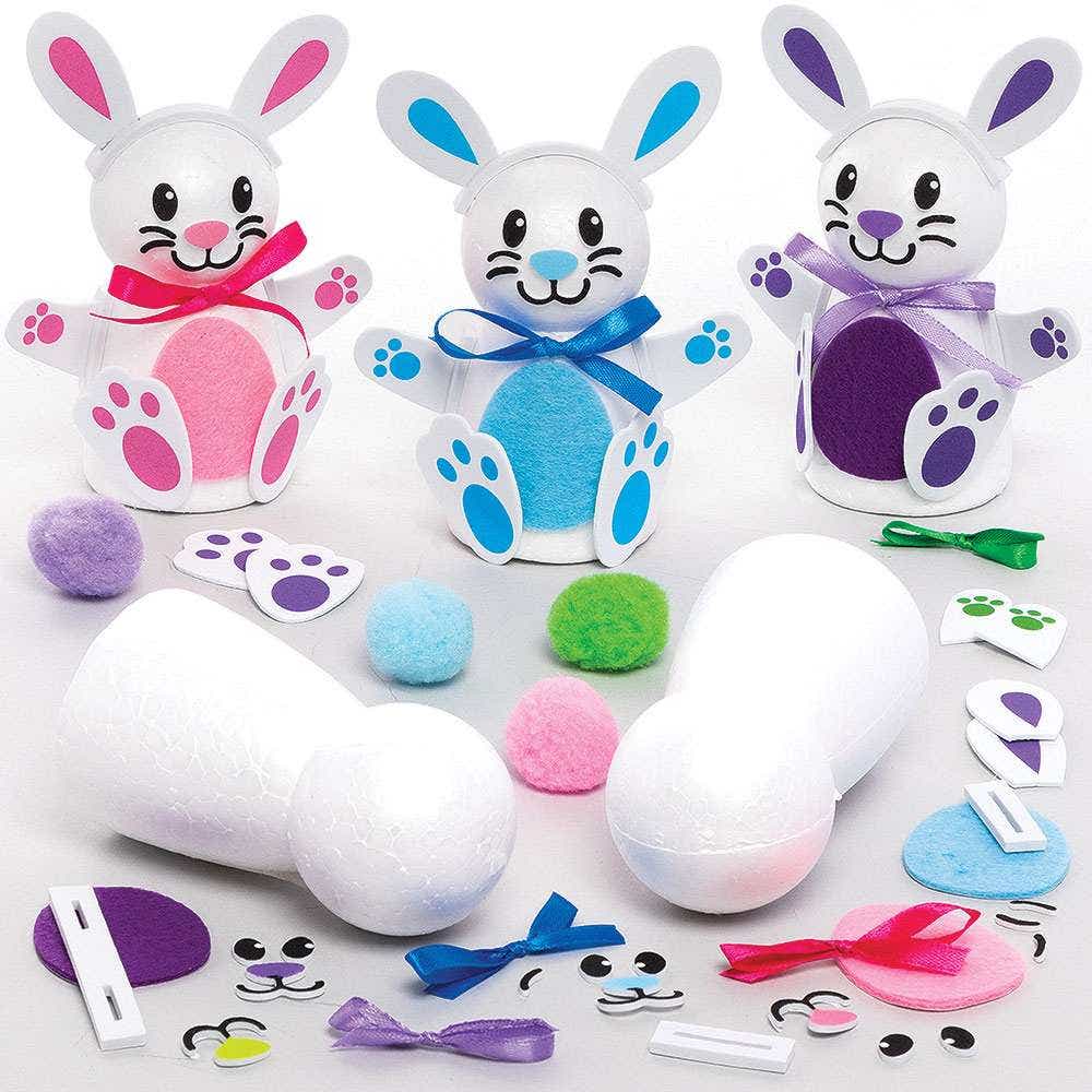 Make a Bunny Kits (Pack of 4) Easter Crafts For Kids, 4 Colours - Green, Blue, Pink & Purple, Polystyrene & Foam