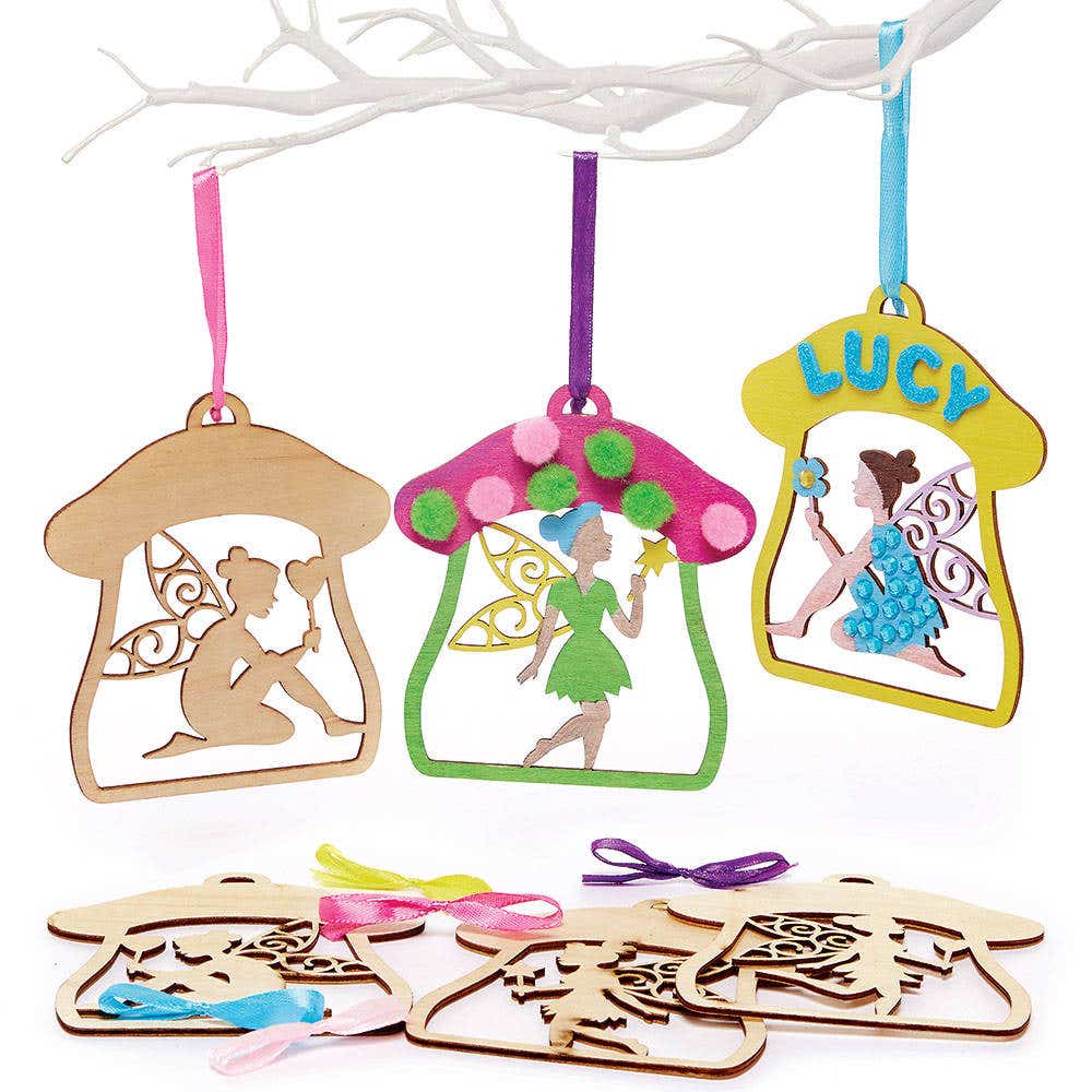 Fairy Wooden Decorations (Pack of 10) 5 Designs & Ribbon Colours, 11cm x 10cm, Hanging Decoration Craft Kit