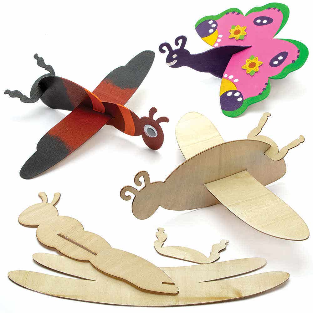 Insect Bug Wooden Flying Planes (Pack of 8) Art Craft Kits, 4 Assorted Designs - Dragonfly, Butterfly, Ladybug & Flying Ant