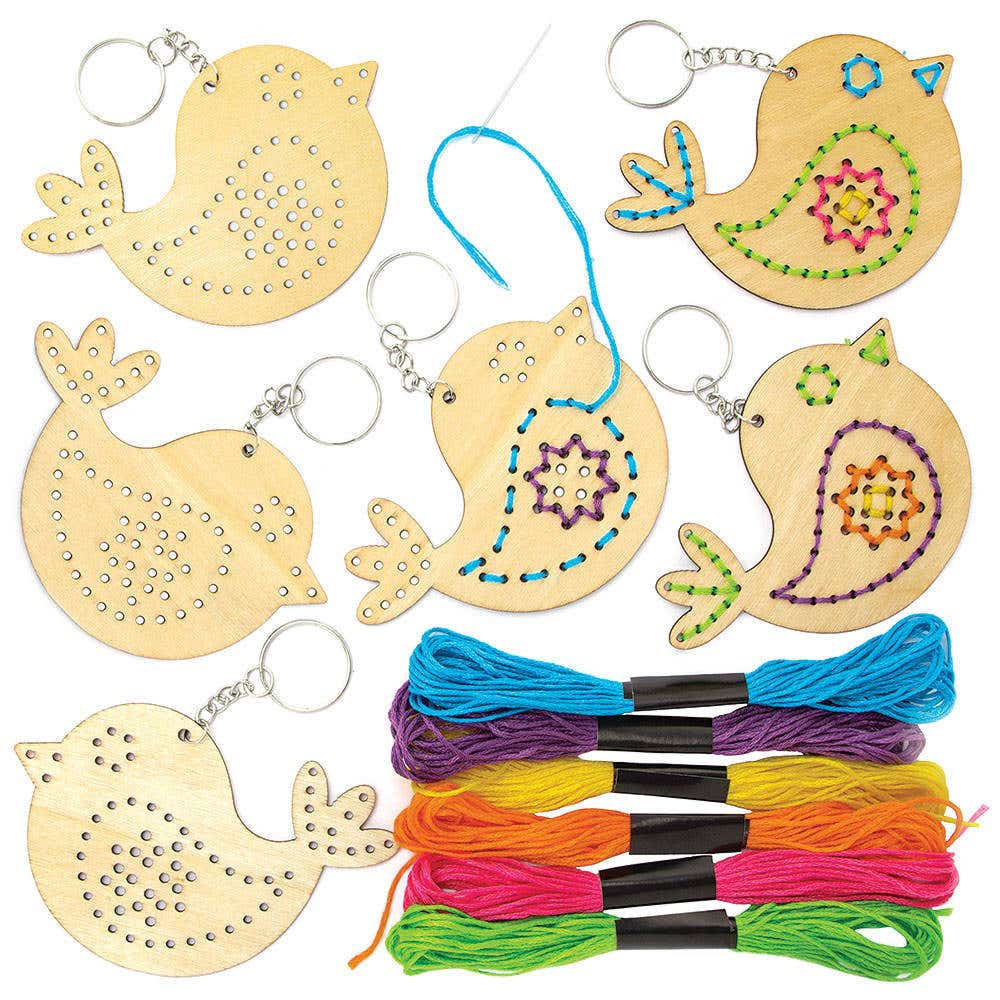 Bird Wooden Threading Keyring & Bag Dangler Kits (Pack of 5) Craft Kits For Kids 6 assorted thread colours - Pink, Orange, Blue, Green, Yellow & Purple