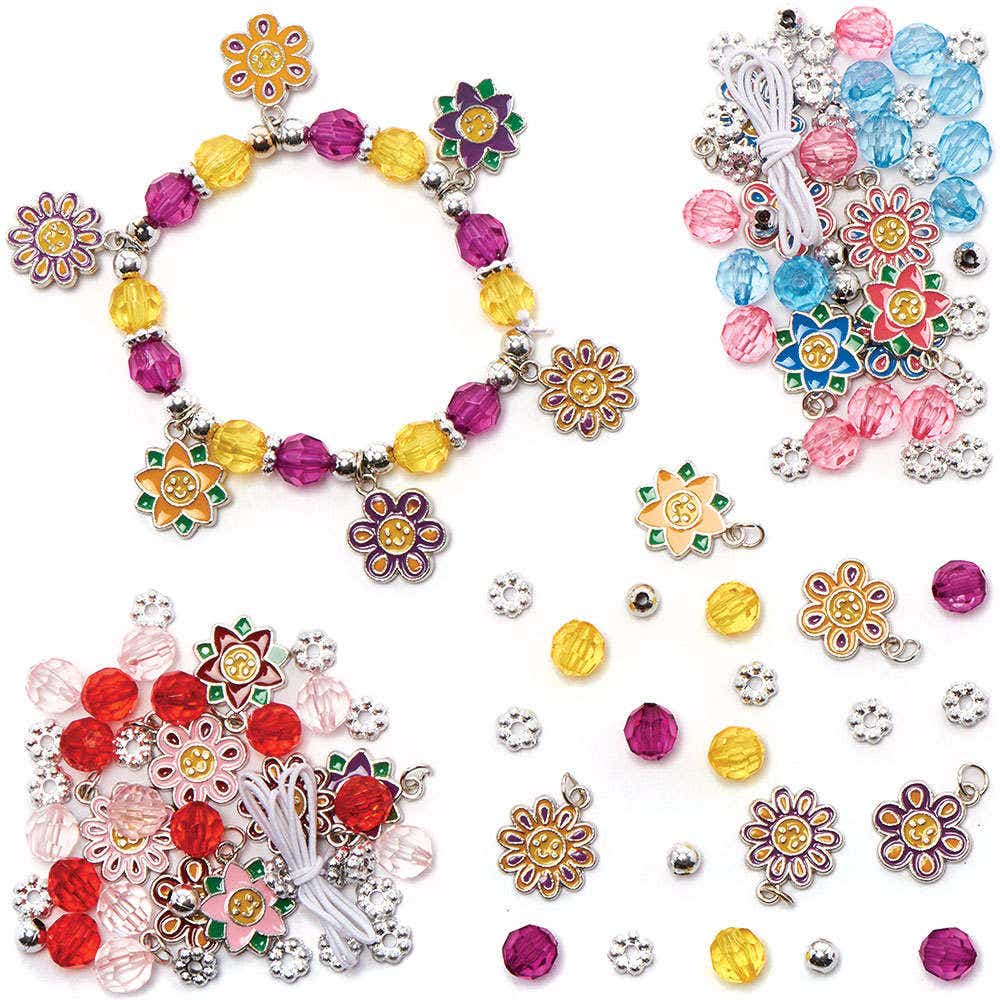 Flower Charm Bracelet Kits (Pack of 3) Jewellery 3 assorted colourways - Purple/Orange, Blue/Pink & Red/Pink