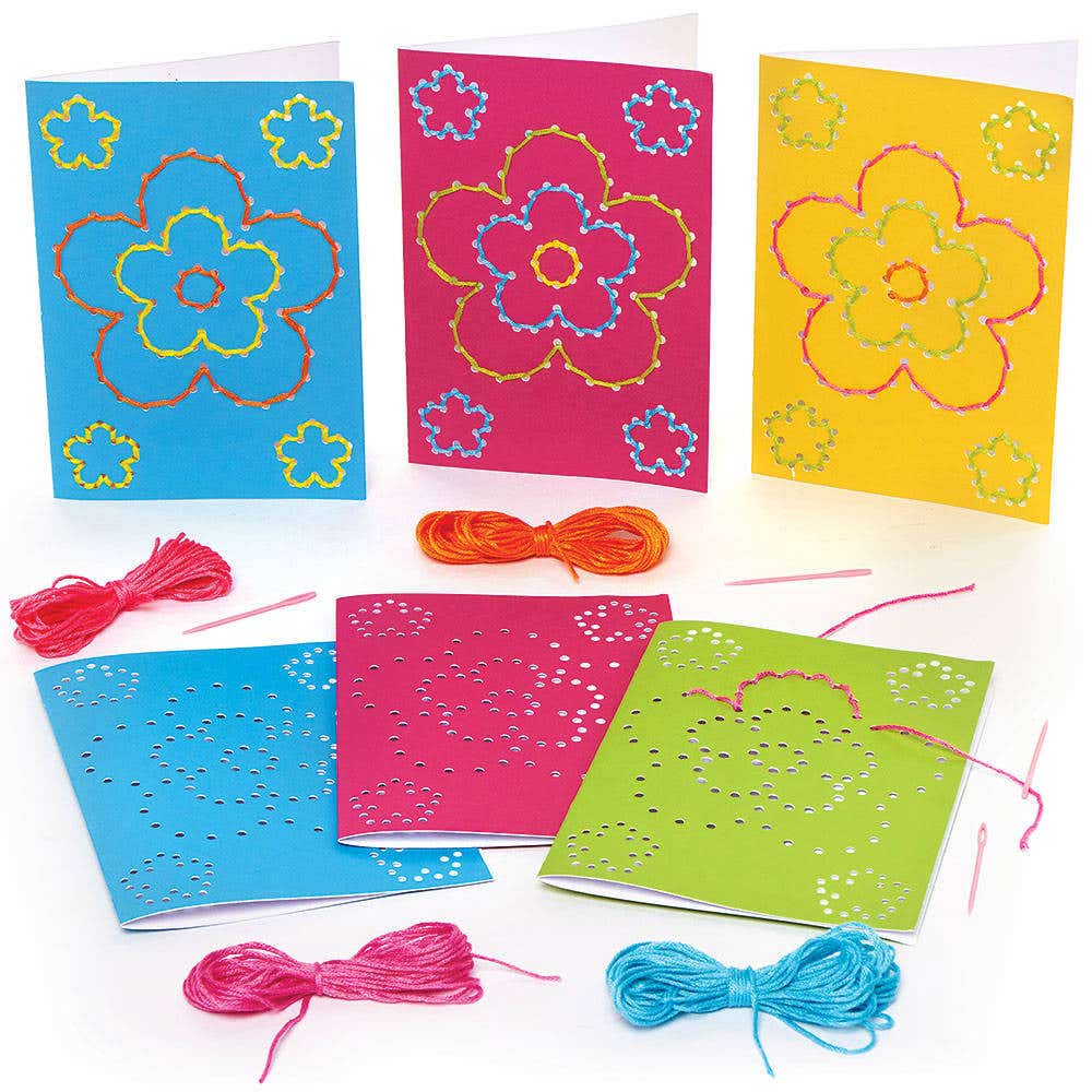 Flower Threading String Art Greeting Card Kits (Pack of 6) Sewing & Weaving Craft Kits 6 card colours - Pink, Blue, Yellow, Orange, Green & White