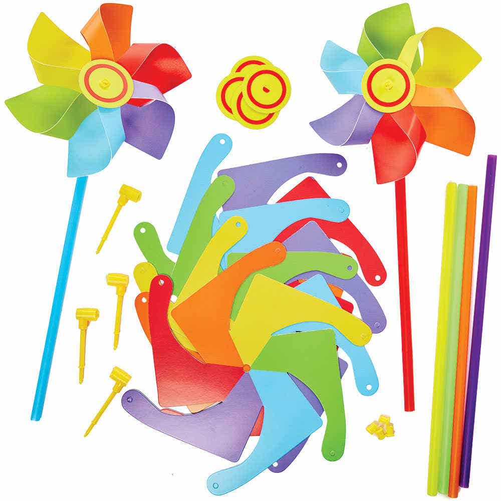 Rainbow Windmill Kits (Pack of 6) Self-Assemble, Pre-Cut Card Shapes, 6 Assorted Colours, Approx 13cm Wide