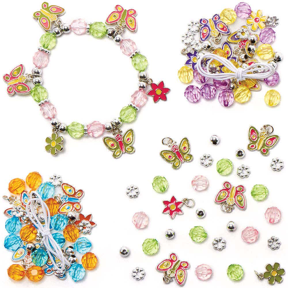 Butterfly Charm Bracelet Making Kits (Pack of 3) Jewellery 3 assorted colourways - Purple/Yellow, Blue/Orange & Green/Pink