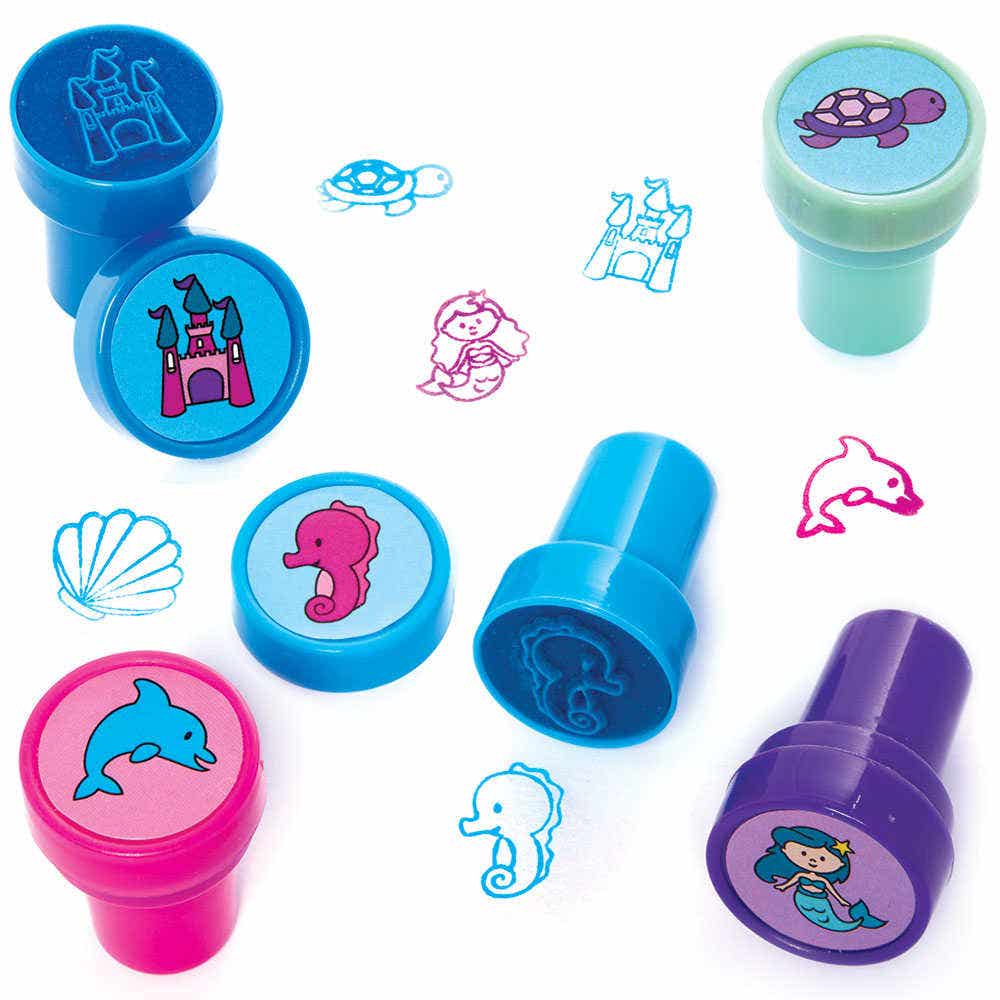 Mermaid Self-Inking Stampers (Pack of 10) Art Supplies, 5 Assorted Ink Colours - Blue, Teal, Pink, Dark Blue & Purple