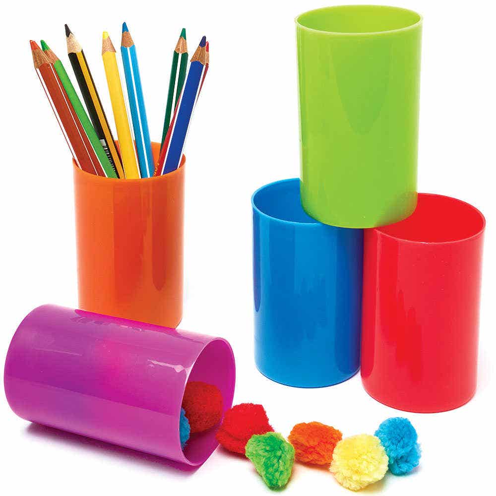 Rainbow Colours Plastic Storage Cups (Pack of 12) Craft Storage 6 assorted colours - Yellow, Orange, Red, Purple, Green & Blue