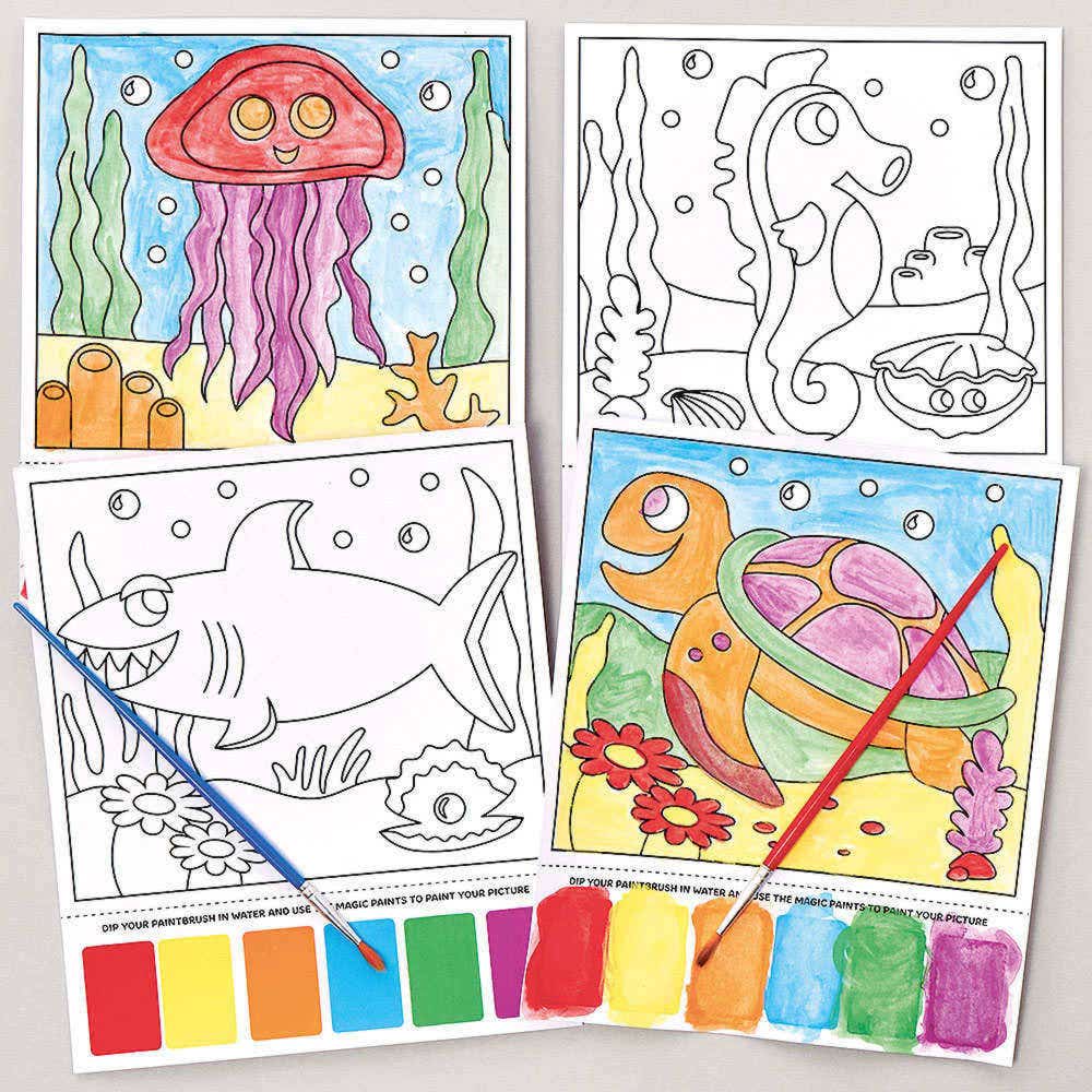 Sealife Magic Painting Pictures (Pack of 10) Art Craft Kits 6 paint colours - Red, Yellow, Orange, Blue, Green & Purple