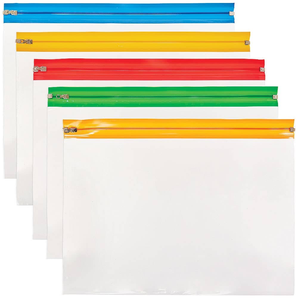 A4 Plus Zip Bags Pack of 25 (Pack of 25) Transparent PVC, 5 Assorted Strip Colours, Craft Storage