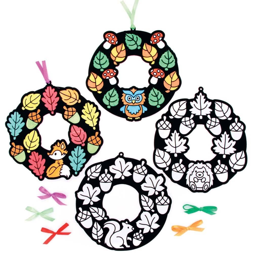 Autumn Colour-in Fuzzy Art Wreaths (Pack of 10) Decoration Craft Kits 5 ribbon colours - Orange, Red, Green, Dark Green & Purple
