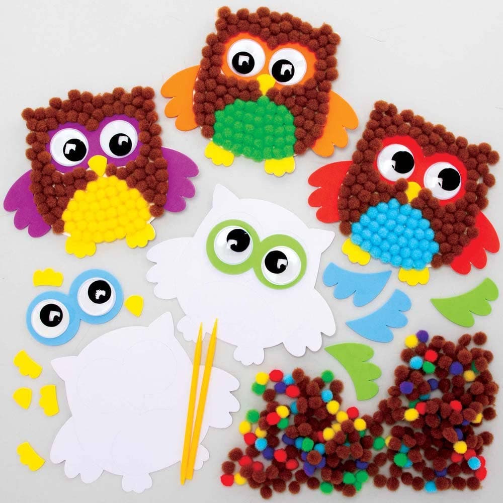Owl Pom Pom Art Kits (Pack of 5) Art Craft Kits 6 pom pom colours - Brown, Red, Yellow, Green, Purple & Blue