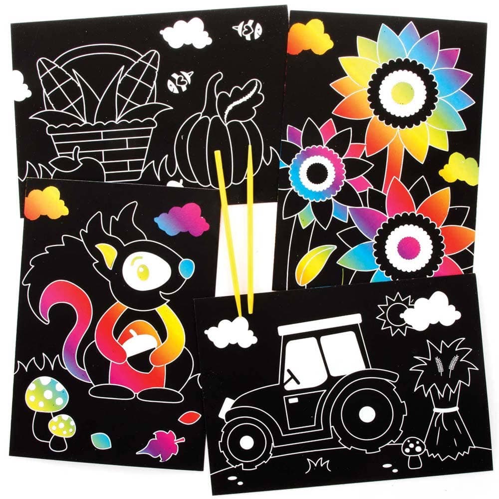 Harvest Festival Scratch Art Pictures (Pack of 8) Fun & Educational, Rainbow, Great For Kids, Range Of Designs, Tools Included