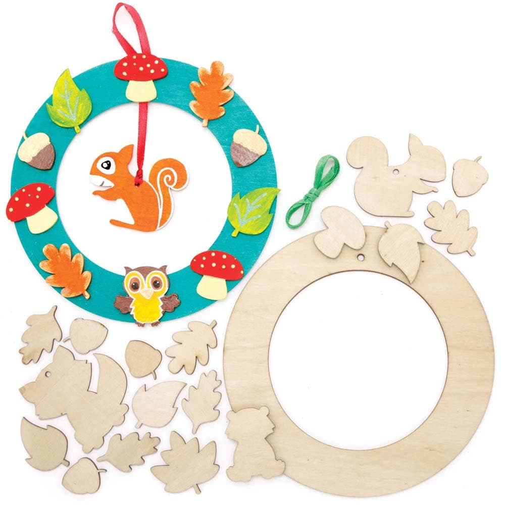 Woodland Animal Wooden Wreath Kits (Pack of 2) Decoration Craft Kits 2 ribbon colours - Brown & Green