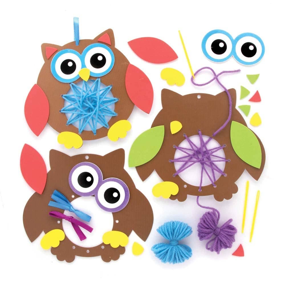 Owl Weaving Decoration Kits (Pack of 6) Sewing & Weaving Craft Kits 2 wool colours - Blue & Purple