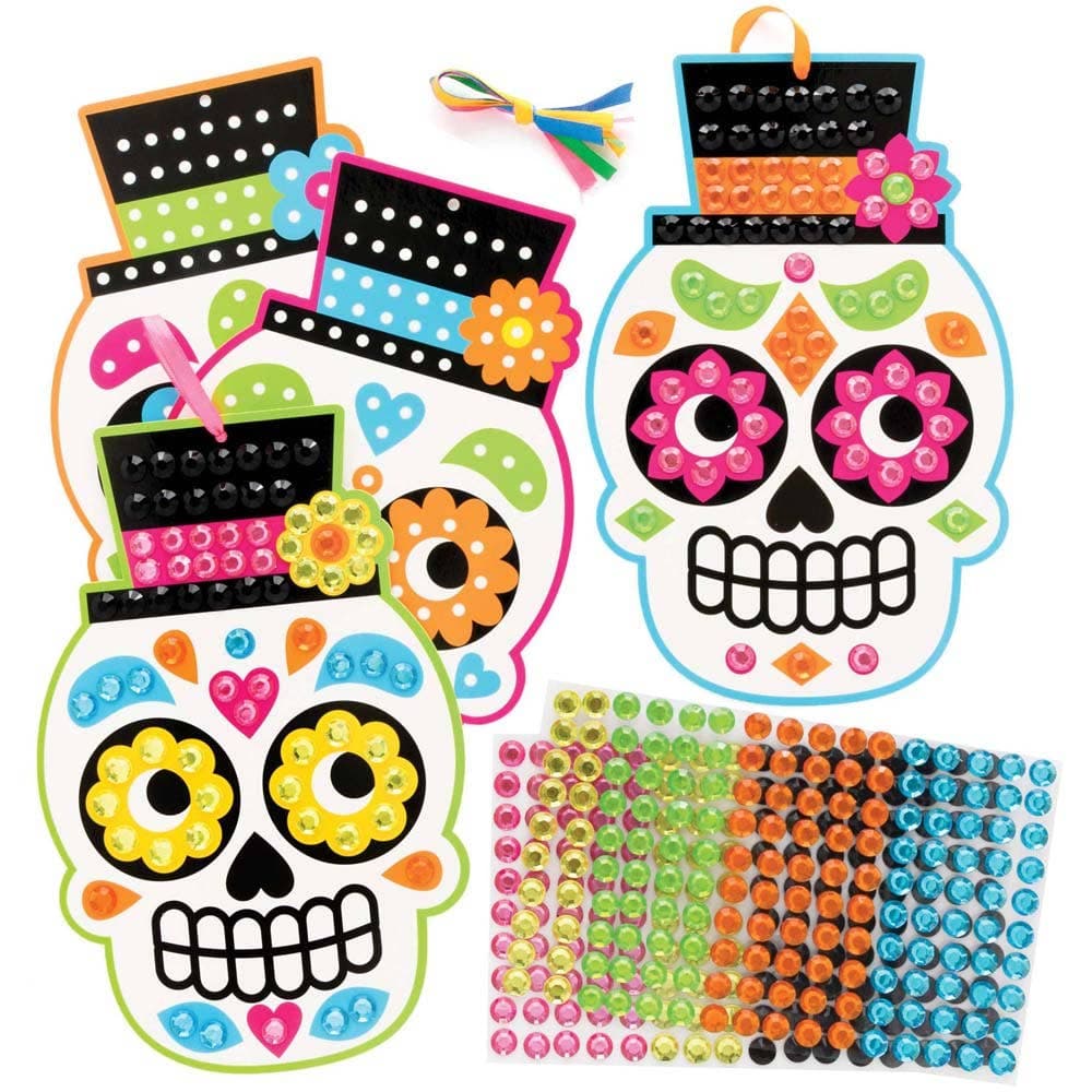 Day of the Dead Diamond Art Kits (Pack of 4) Halloween Crafts 6 gem colours - Black, Yellow, Green, Orange, Pink & Blue