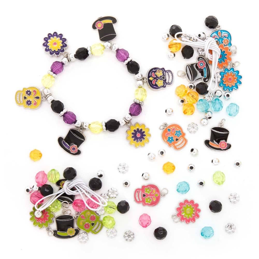 Day of the Dead Charm Bracelet Kits (Pack of 3) Jewellery 3 colourways - Blue/Orange/Black, Purple/Yellow/Black & Pink/Green/Black