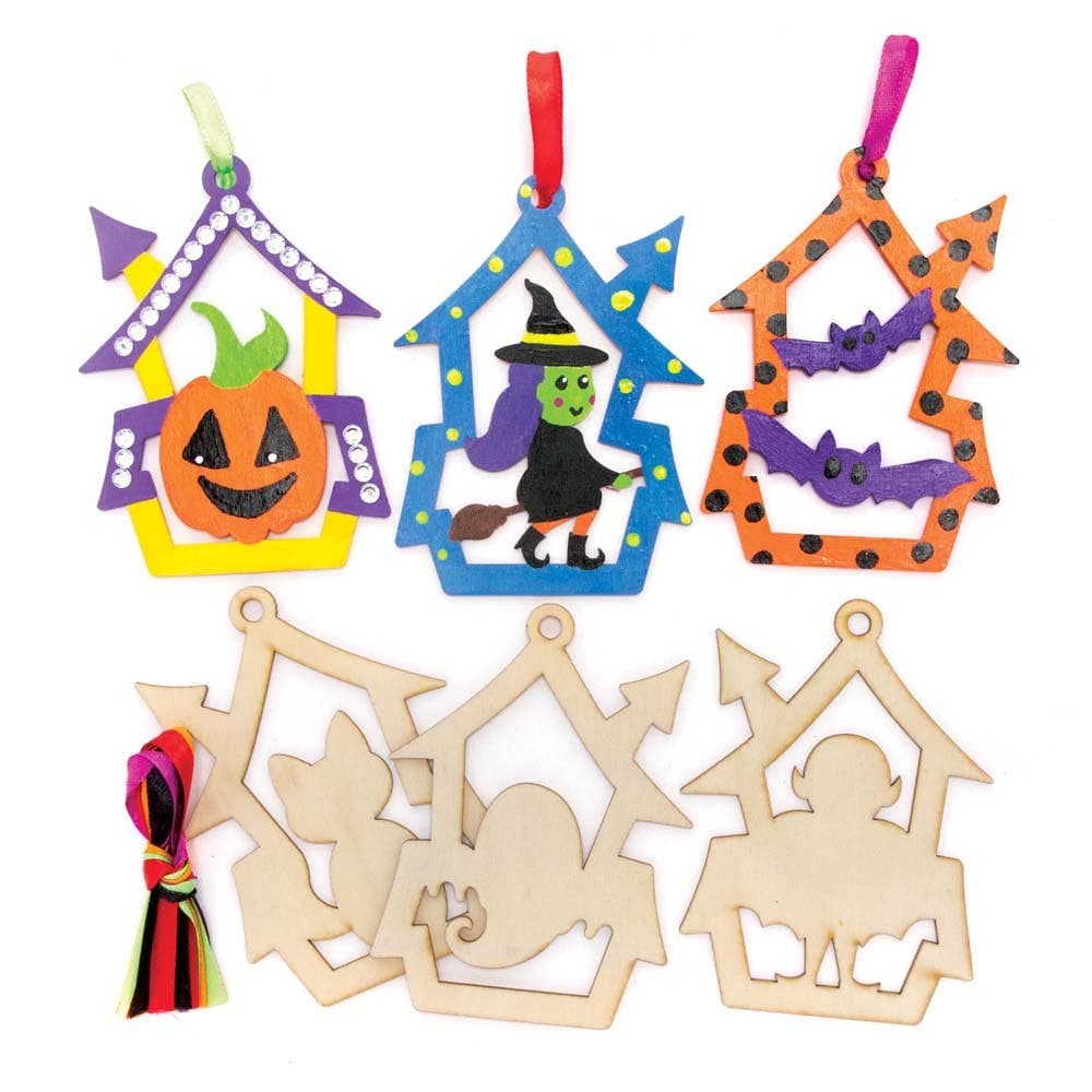 Halloween Wooden Decorations (Pack of 10) Halloween Crafts 5 ribbon colours - Black, Red, Orange, Purple & Green