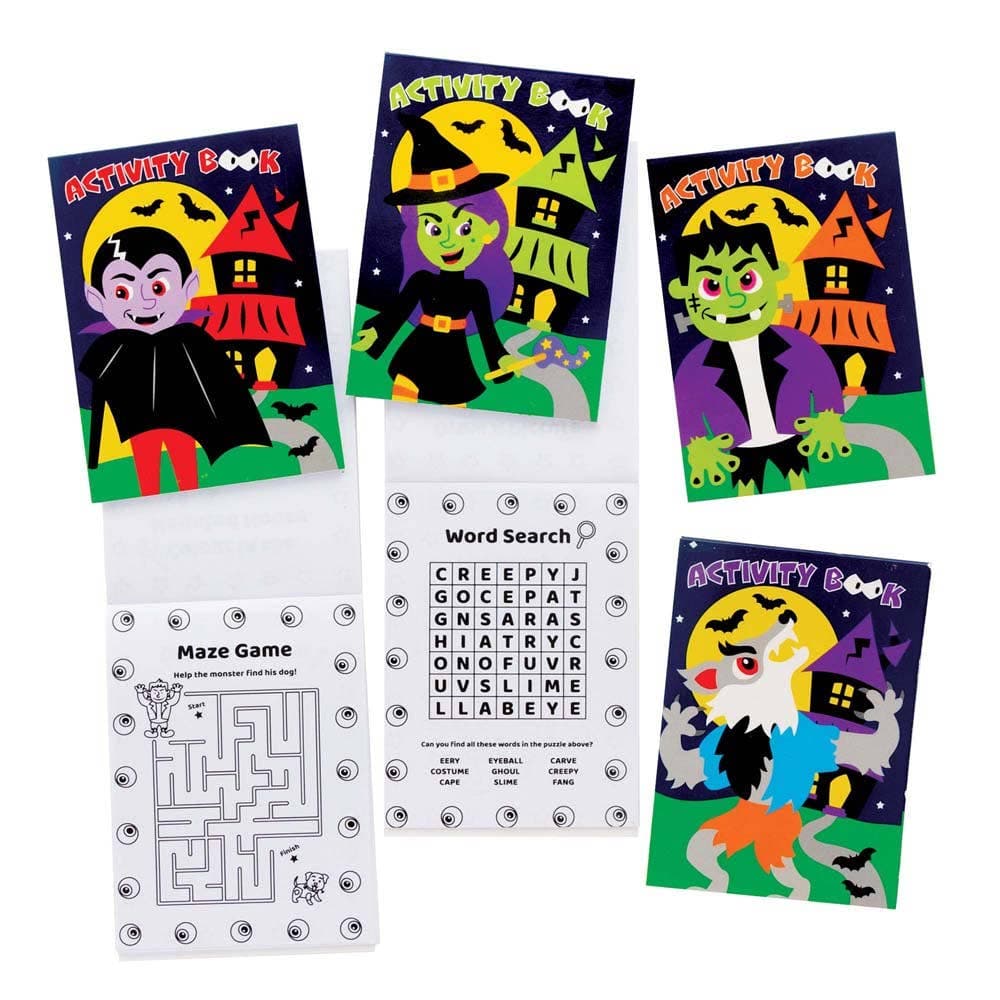 Halloween Mini Activity Books (Pack of 12) Halloween Toys, 20 Pages, Book Size 8cm x 11cm, 4 Assorted Page Covers