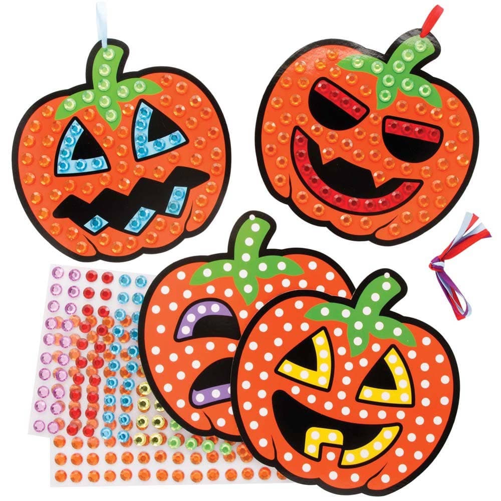 Pumpkin Diamond Art Kits (Pack of 4) Halloween Crafts, Self-Adhesive Gems Included, 18cm x 18cm, Boo Basket Ideas