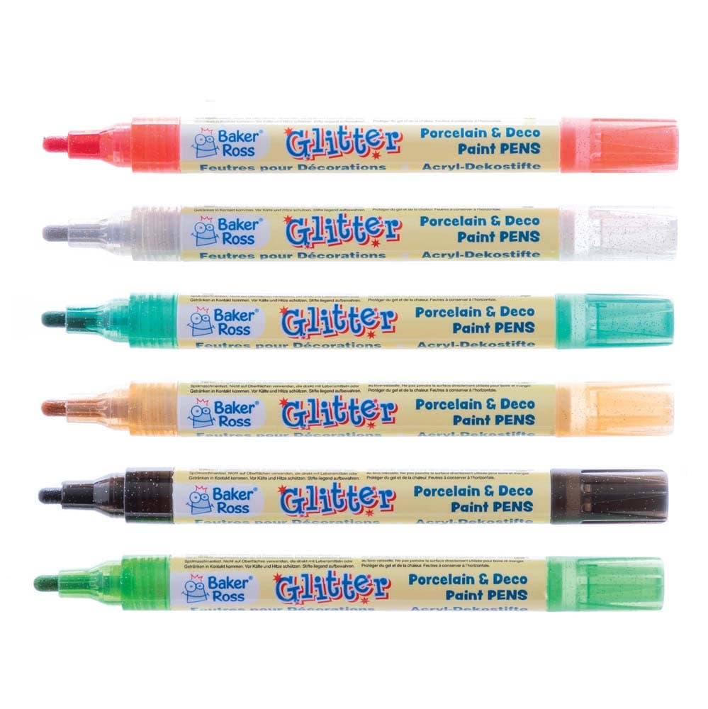 Christmas Glitter Porcelain & Deco Paint Pens (Pack of 6) Christmas Craft Supplies 6 colours - Gold, Silver, Light Green, Black, Red & Green