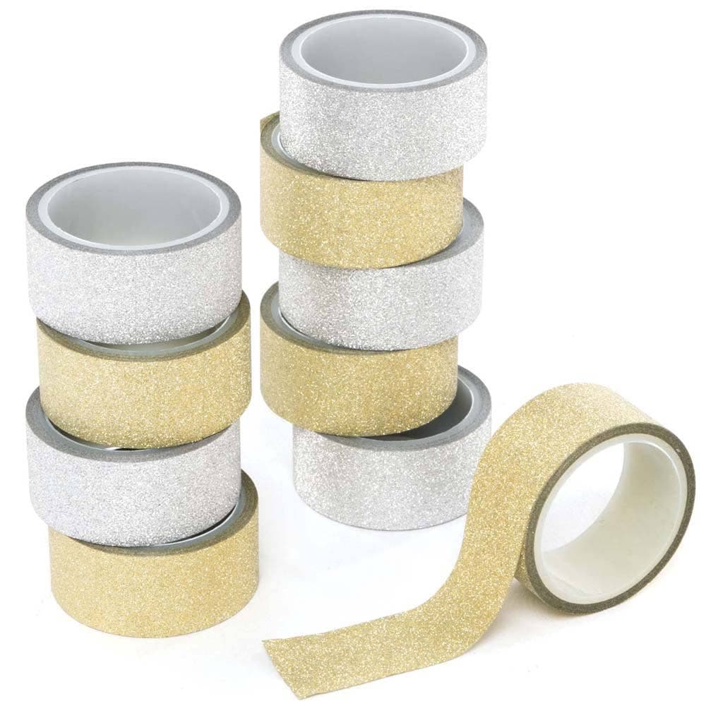 Gold & Silver Glitter Washi Tape (Pack of 10) Glues & Adhesives 2 colours - Gold & Silver