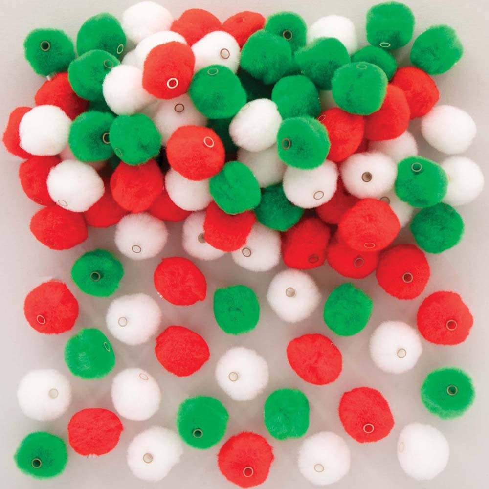 Christmas Threading Pom Pom Beads (Pack of 100) Christmas Craft Supplies 3 colours - White, Red & Green