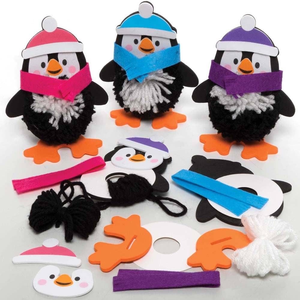 Penguin Pom Pom Kits (Pack of 3) Christmas Crafts 3 scarf & hat colours - Blue, Purple & Pink