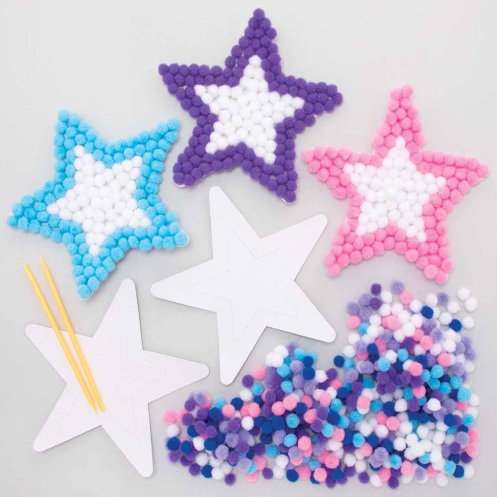 Star Pom Pom Art Kits (Pack of 5) Art Craft Kits 6 pom pom colours - White, Pink, Purple, Light Purple, Blue & Light Blue